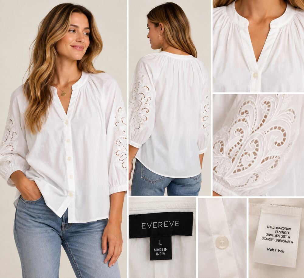 Evereve White Embroidered Cutwork Sleeve Blouse Women’s Large NWT